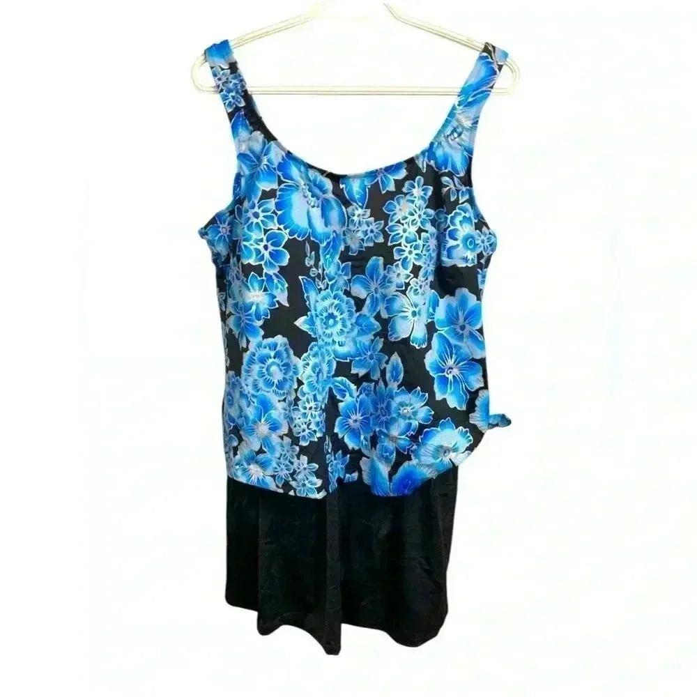 Le Cove One Piece swim suit w Attached Skirt, blue/black/silver Size 20W